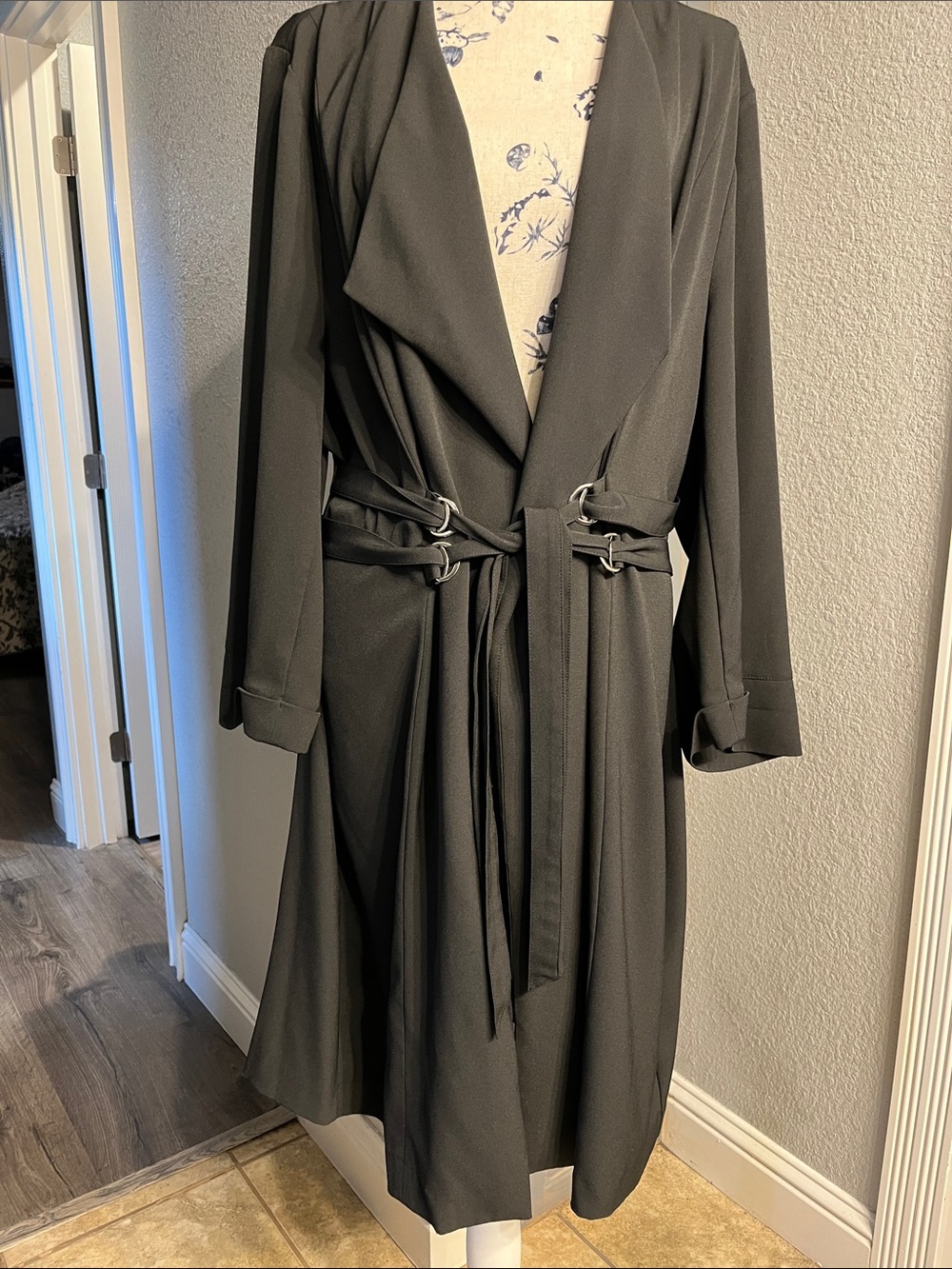 Dex Black Long-Sleeve Wrap Dress with Belted D-Ring Detail